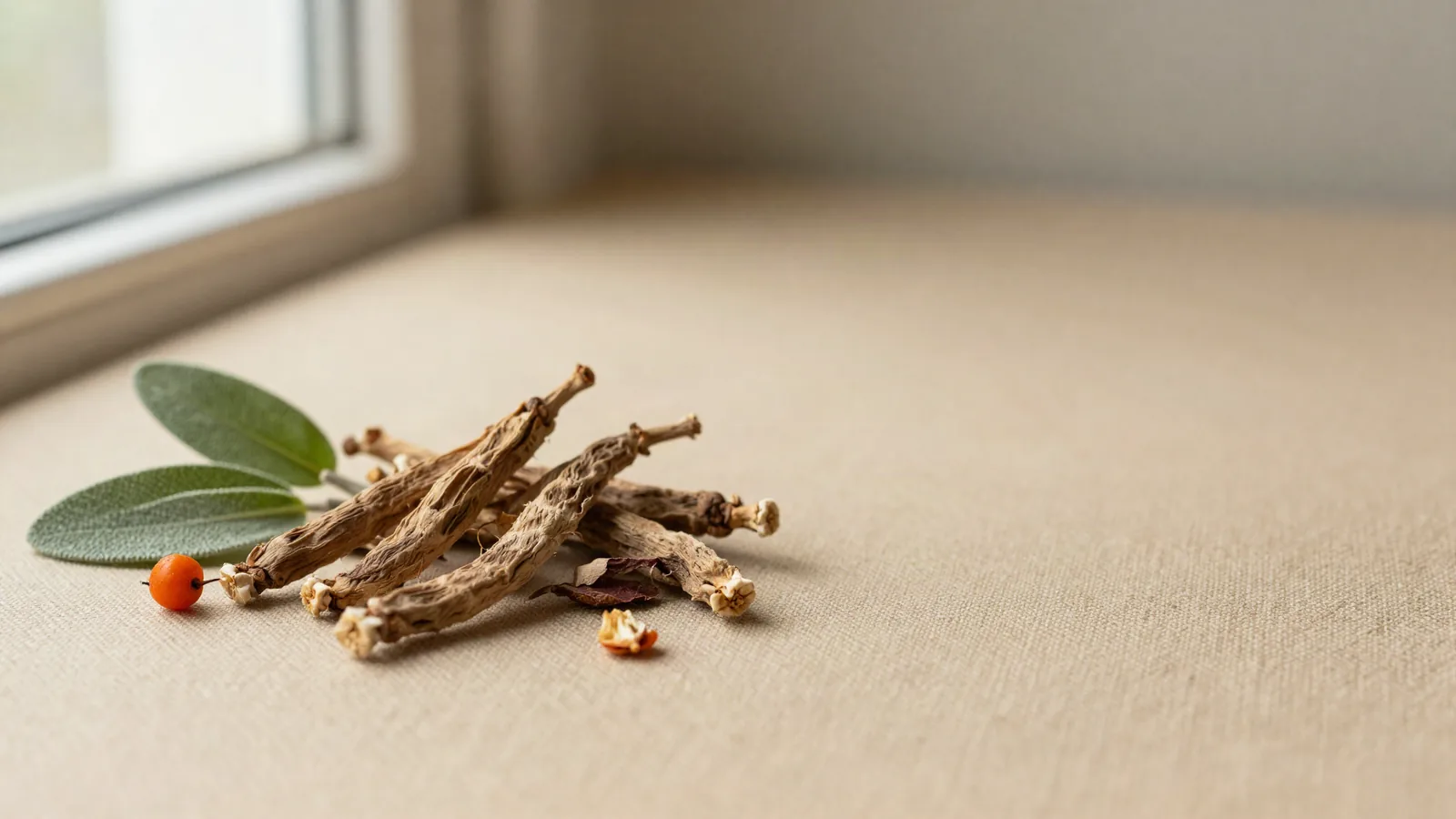 Raízes secas de ashwagandha (Withania somnifera) sobre linho cru, com folhas verdes e uma baga alaranjada