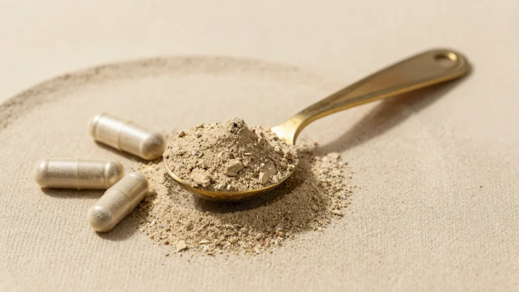 Colher dosadora com po de raiz de ashwagandha ao lado de capsulas vegetais vazias