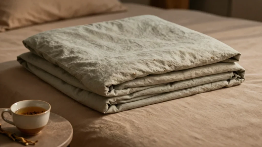 Roupa de cama em tons de areia com xicara de cha de ervas em luz de fim de tarde