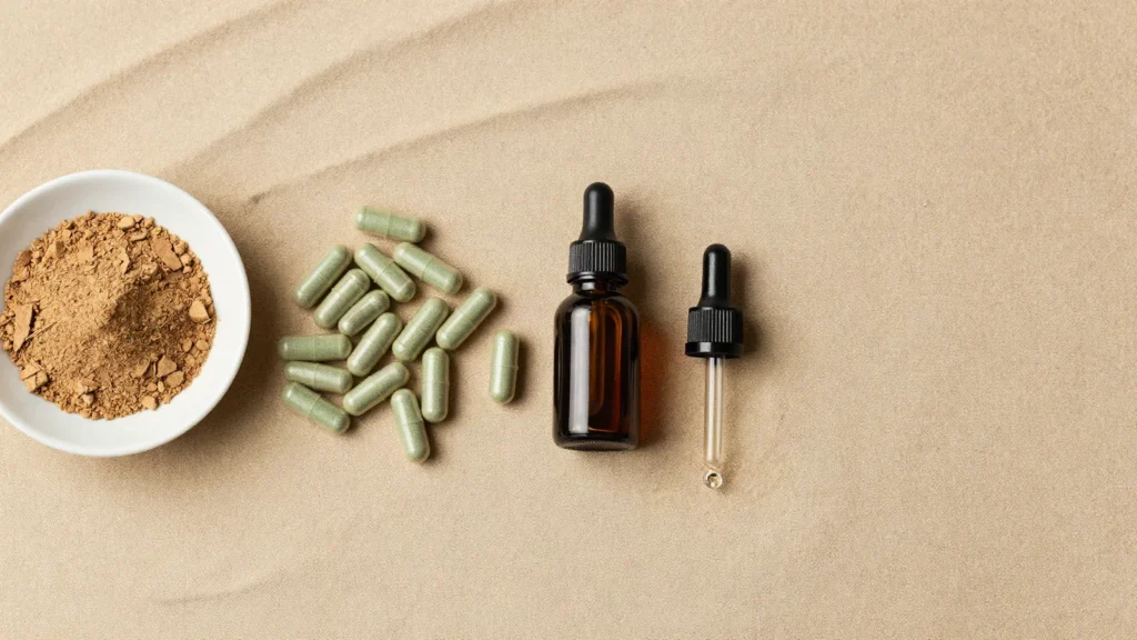 Po de raiz, capsulas vegetais e frasco conta-gotas de tintura enfileirados
