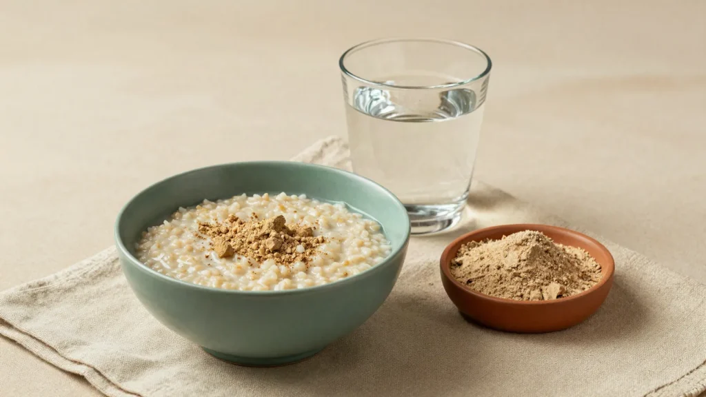 Tigela de mingau e copo de agua ao lado de prato com po de raiz de ashwagandha