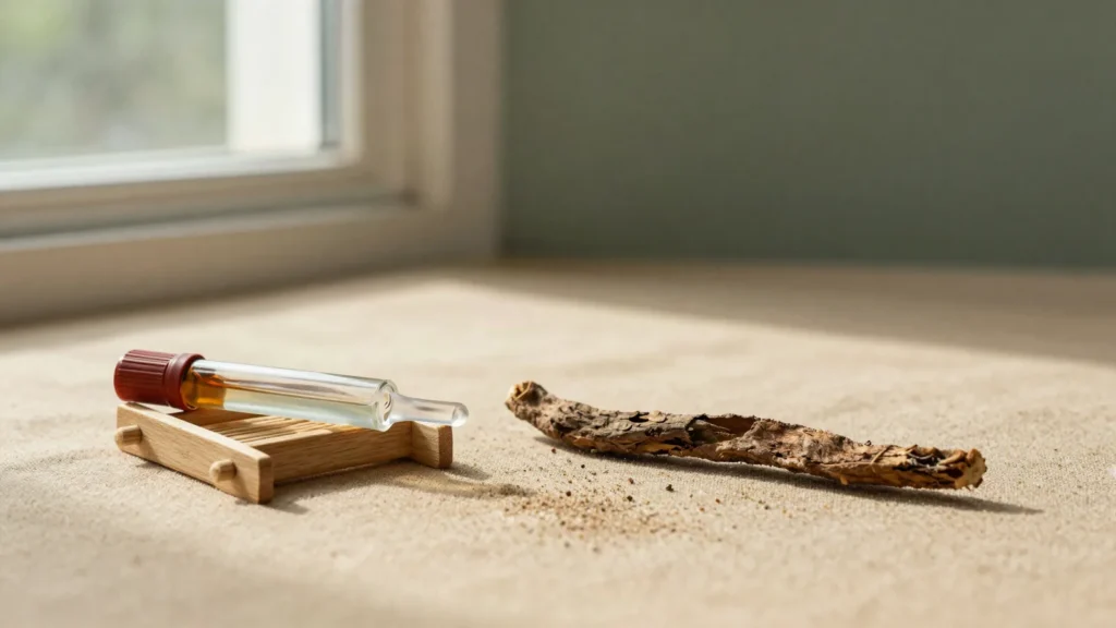 Tubo de coleta de saliva em suporte de madeira ao lado de raiz seca de ashwagandha
