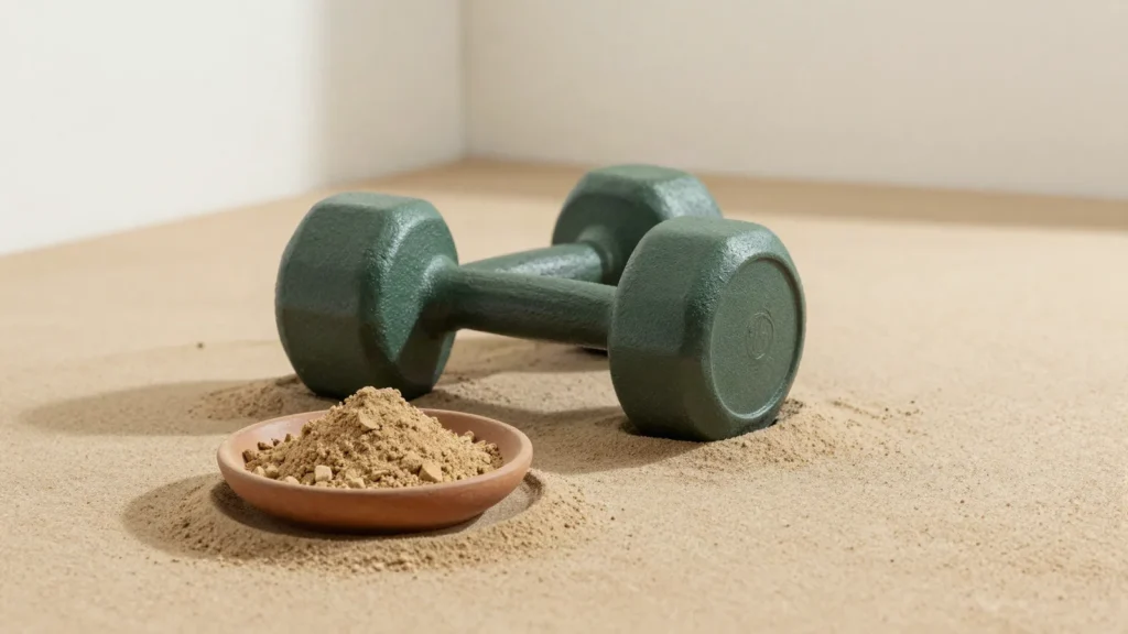 Halter de ferro fundido e prato com po de raiz de ashwagandha em sala clara