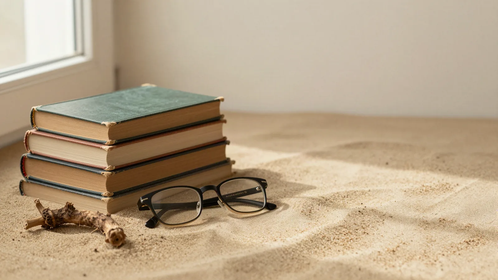 Pilha de livros científicos e óculos de leitura ao lado de raiz seca