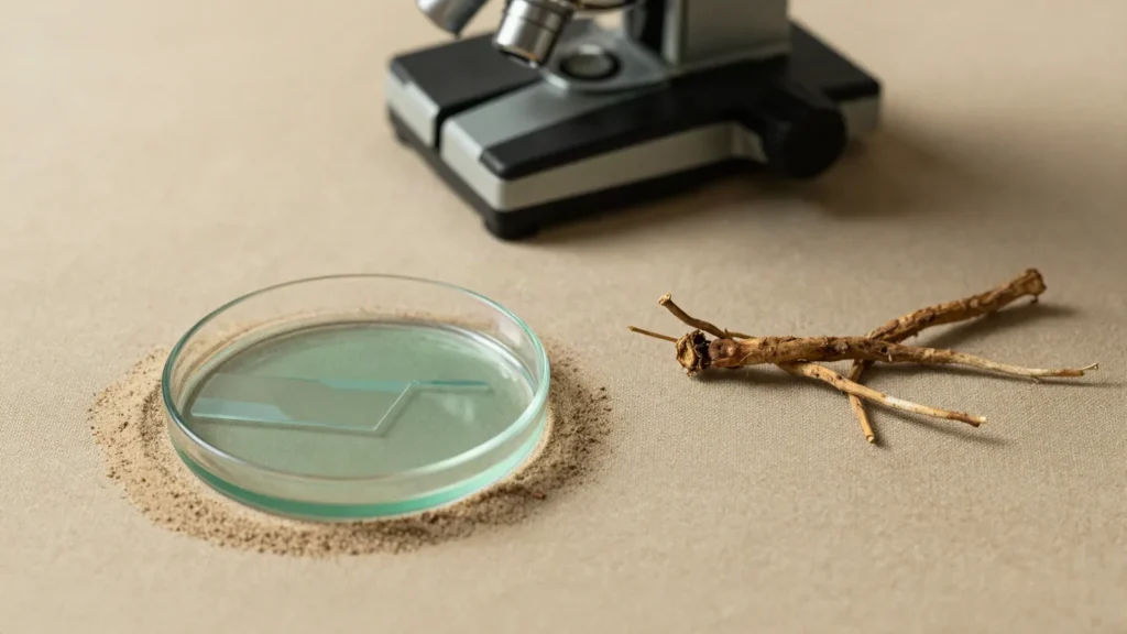 Lamina de microscopio e placa de Petri ao lado de ramo de raiz seca