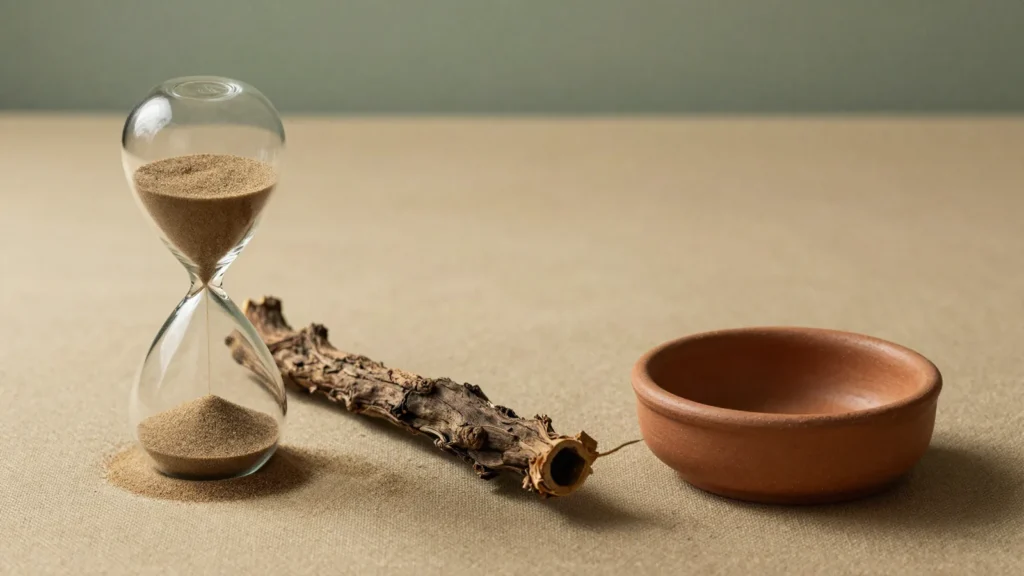 Ampulheta de areia fina ao lado de raiz de ashwagandha e tigela de terracota
