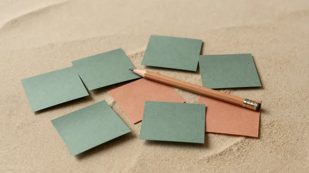 Notas de papel em branco espalhadas sobre linho com um lapis atravessado