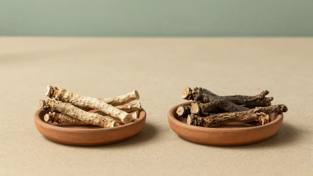 Duas raizes medicinais secas distintas lado a lado em pratos de terracota