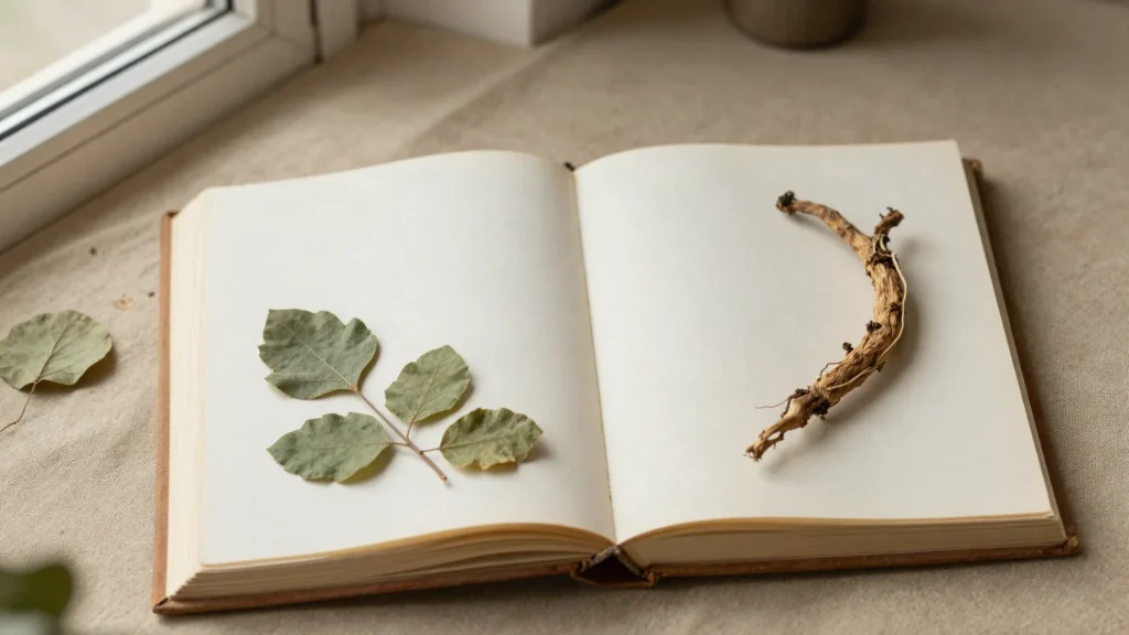 Livro botanico aberto com raizes e folhas secas prensadas sobre as paginas